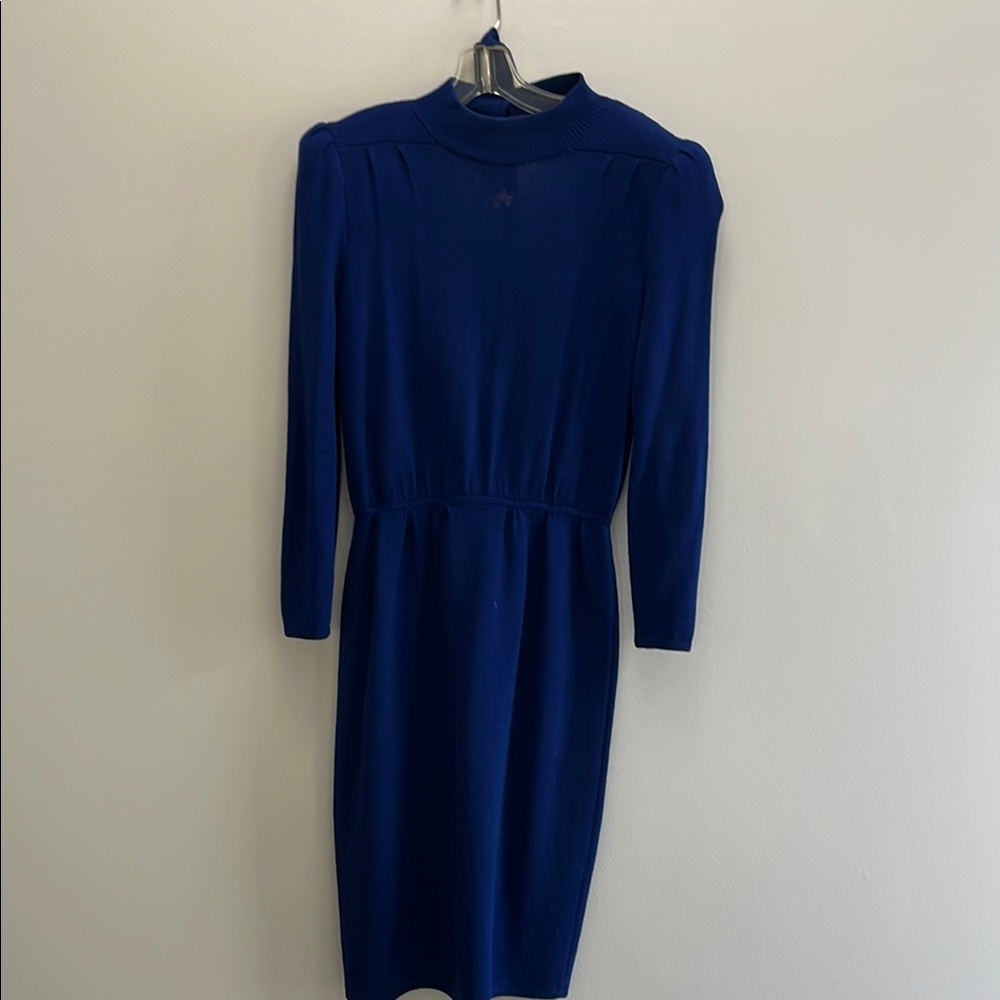 St. John Blue Sheath Dress with Mock Neck